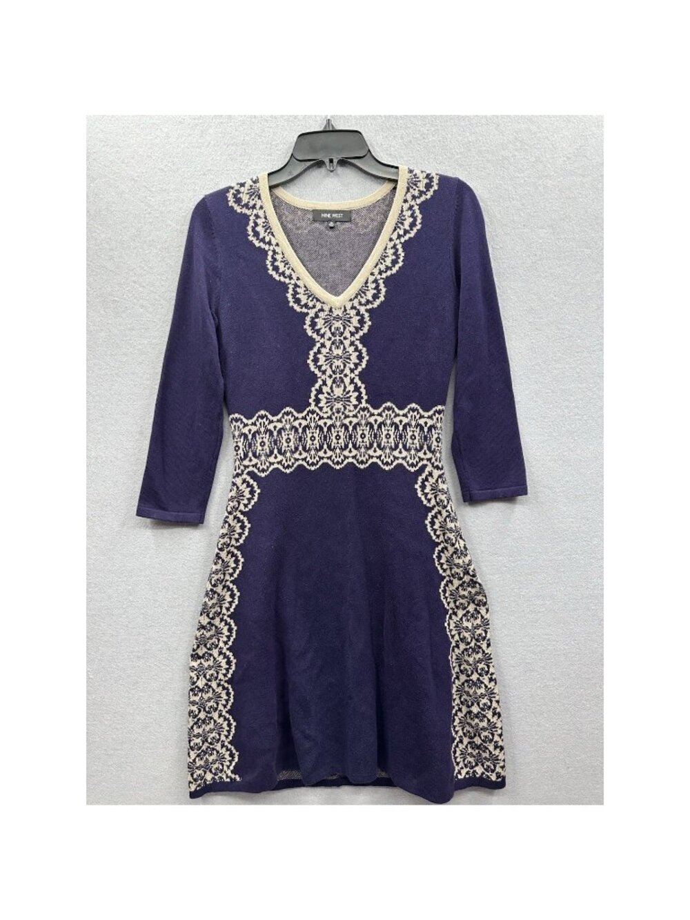 Nine West Sweater Dress XS Purple V Neck Knit Long Sleeve Jacquard Damask Sheath